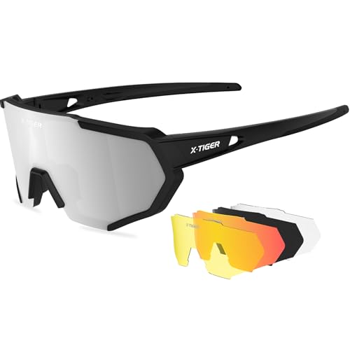 X-TIGER Polarized Sports Sunglasses with 5 Interchangeable Lenses,Mens Womens Cycling Bike Glasses,Baseball Running Fishing