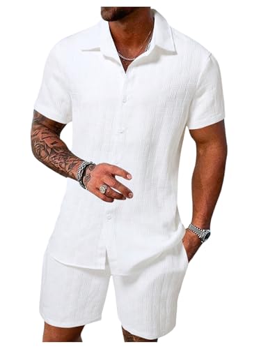 RoseSeek Men's Short Sets 2 Piece Outfits Button Down Linen Shirts and Short Sets Summer Beach Outfis