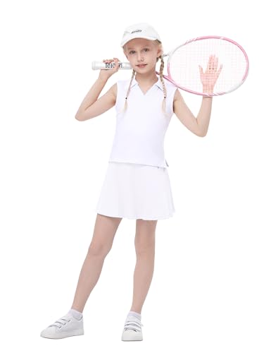 Kids Girls Tennis Golf Dress Outfit Sleeveless Dress with Pockets Athletic Skorts and Polo Tank Top Sets