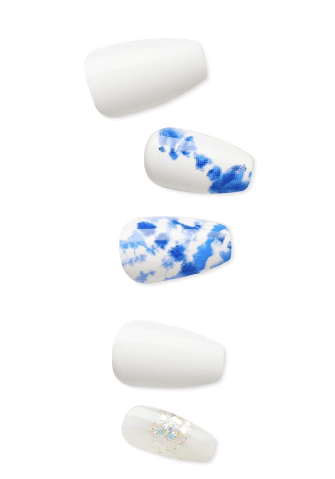 KISS imPRESS No Glue Mani 30 Pcs Press On Nails, White Nails with Glitter, Blue Tie-Dye Design, Medium Size, Coffin Shape Simple
