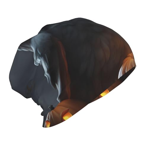 Halloween Owl Ghost Pumpkin Print Beanie Hat Soft Thermal Cap Winter Headwear for Cold Indoor Outdoor Activities Black