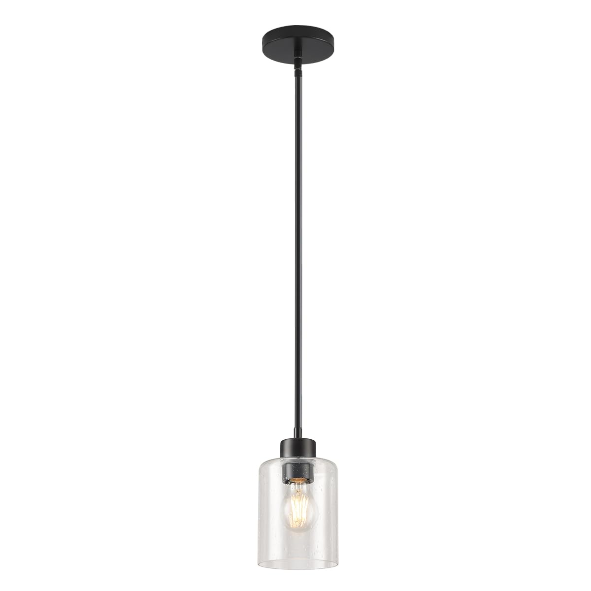 KLSS Black Pendant Light Fixture - Seeded Glass, Metal, 12 Inch & 4 Inch Rods, 3 Units, Model SDBL1P001