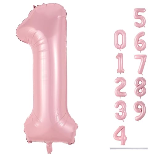 Pastel Pink 1 Balloons, 40 Inch Giant Light Pink Helium Foil Number 0-9 for Girls, Self Inflating 1st Birthday Balloon for...