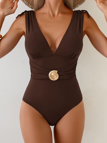 Aidonger One Piece Swimsuit Tummy Control Deep V Neck Bathing Suit for Women Wide Strap V Back Swimwear