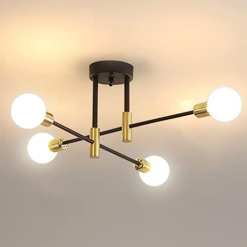 Tealight Sputnik Ceiling Light Fixture  Black & Gold Lighting Fixture Semi Flush Mount Ceiling Chandelier For Bedroom  Living Room  Kitchen  Dining Room  Hallway (4-Lights Black&Gold(Straight Rod))