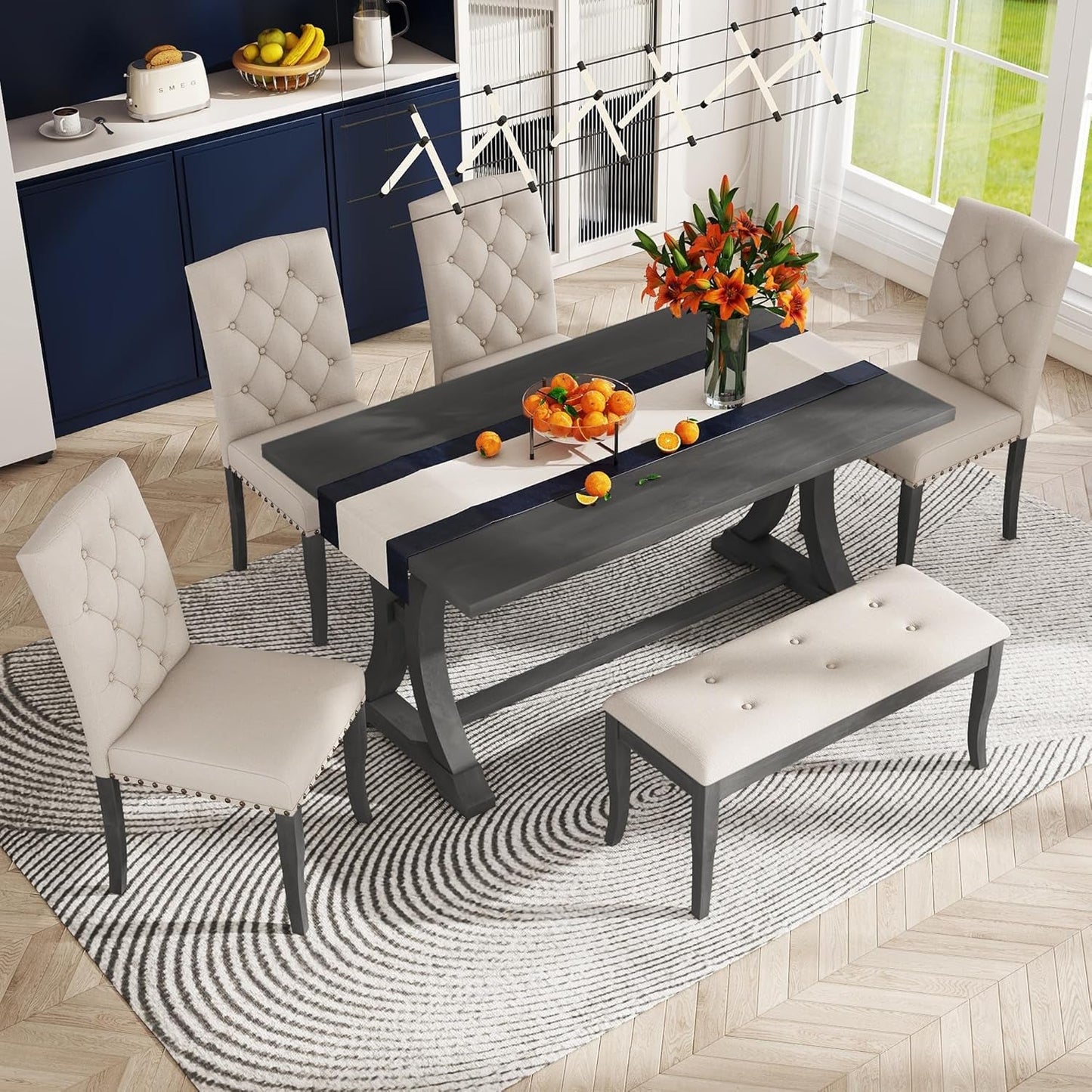 Dining Table Set for 6, Kitchen Table Set with Chairs and Bench, 6 Piece Solid Wood Dining Room Set with Trestle Table Legs for Kitchen, Dining Room (Antique Grey)