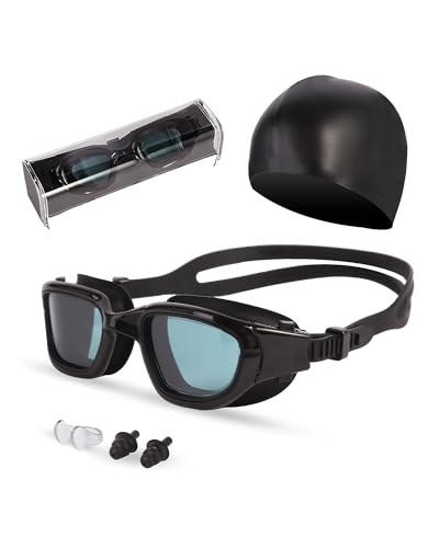 Hurdilen Swim Goggles, Goggles Adult with Swimming Cap, Nose Clip & Ear Plugs, UV Protection Anti-Fog Lens and Case for Adult