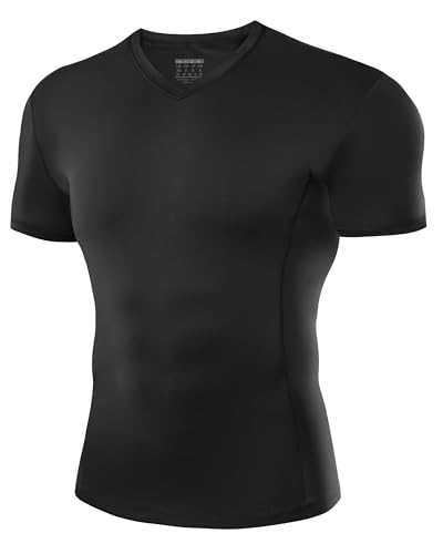 Roadbox Mens Compression Shirt Short Sleeve, V-Neck Gym Running Sports T-Shirt, Cool Dry Athletic Base Layer Undershirts