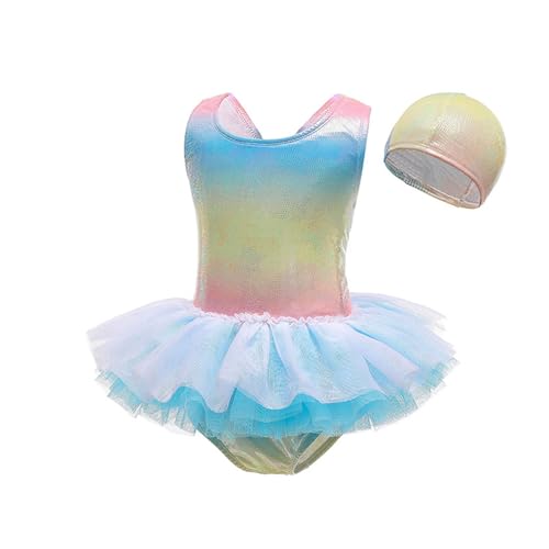 Girls One-Piece Rainbow Swimsuits Toddler Kids Mermaid Fishscale Bathing Suits Outdoors Jumpsuit Swimwear with Cap
