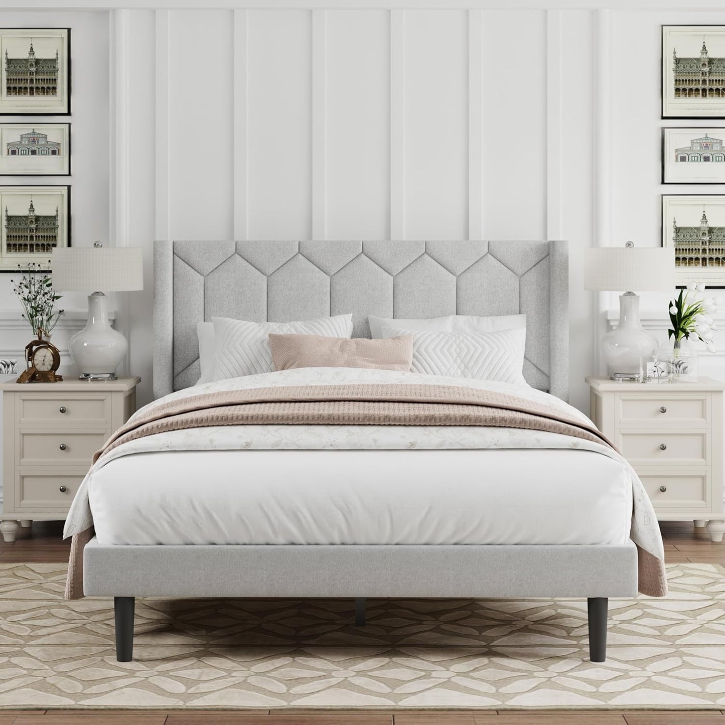 Full Size Bed Frame with Headboard, Linen Upholstered Platform Bed Frame No Box Spring Needed, Full Sized Modern Bedframe with Strong Wooden Slats, Light Gray