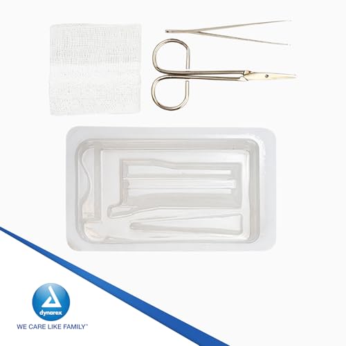 Dynarex Suture Removal Kits, Sterile, Acts as a Staple and Suture Extractor for a Near Painless Experience, Includes Littauer Scissors, Gauze Sponge, and 4" Metal Forceps, Case of 50