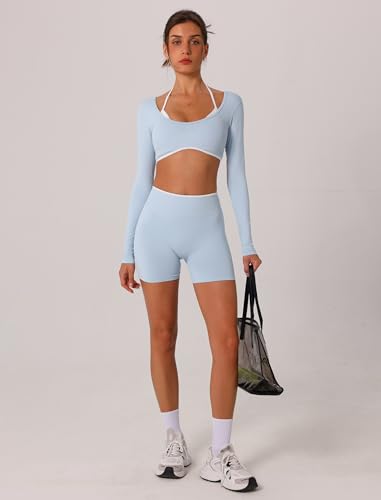 ABOCIW Workout Sets for Women 2 Piece Seamless Color Block Long Sleeve Crop Top Scrunch Butt High Waist Shorts Gym Set