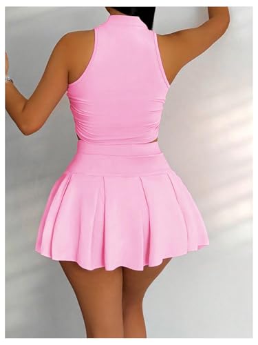 RoseSeek Women's 2 Piece Tennis Skirt Set Sleeveless Racerback Crop Tank Tops High Waisted Pleated Mini Skirt Outfits
