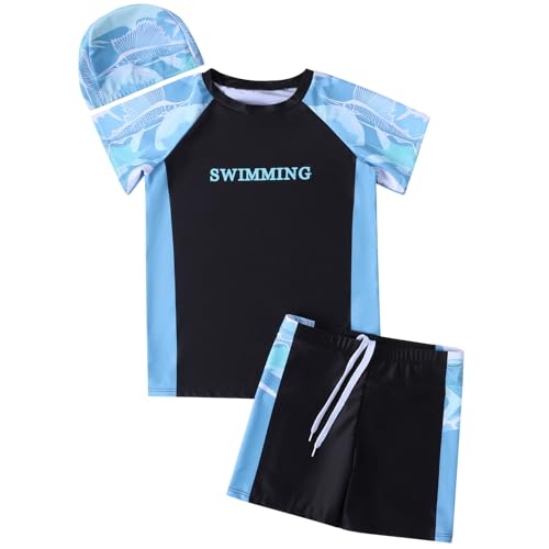 Hotfiary Boys Rash Guard Swimsuits Set Two Piece Short Sleeve Swim Shirts with Trunks Quick Dry Bathing Suit Swimwear 8-15 Y