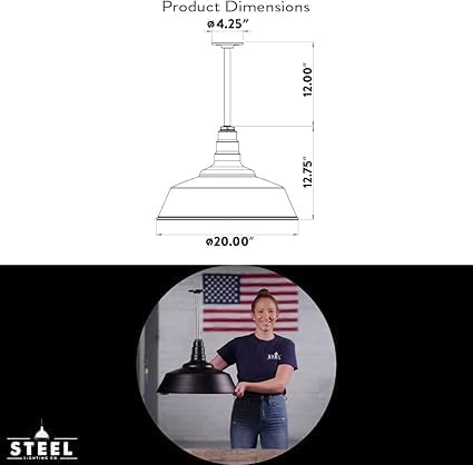 Steel Lighting Co. Manhattan Warehouse Light | Ceiling Mounted Pendant | 20 inch Dome | 12" Sloped Stem | Large Steel Barn Light Made in America | Hunter Green Exterior/Brass Interior