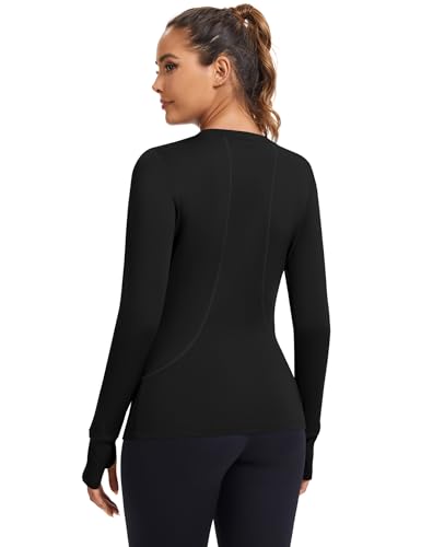 Loovoo Thermal Shirts for Women Long Sleeve Workout Tops Crewneck Fleece Base Layer Running Athletic Tee with Zipper Pocket