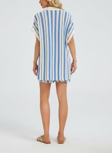 Ladyful Womens Crochet Swimsuit Coverup Sets Summer Short Cap Sleeve Button Up Knit Striped Shirt and Shorts Vacation Sets