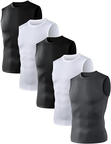 OYGSieg 5/6 Pack Men's Athletic Compression Shirts Sleeveless Tank Top Base Layer Sports Workout Shirts for Basketball