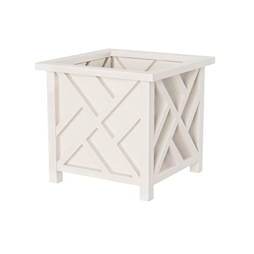 Lattice Design Outdoor Planter Box - 14.75” Square 13” Tall White Plant Pot - Decorative Plant Pots for Front Porch Decor...