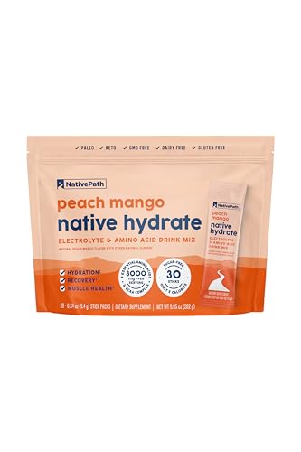 NativePath Native Hydrate Stick Packs, Sugar Free Electrolytes Powder with BCAAs, Peach Mango Hydration, Keto & Paleo Frie...
