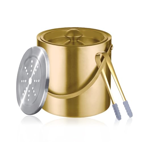 Sipoyen Gold Ice Bucket with Lid, Handle and Tong Insulated Stainless Steel Champagne Bucket 3L Wine Bucket for Party Bar ...