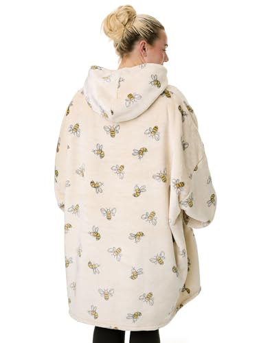 Disney Winnie The Pooh Womens Wearable Blanket Hoodie | Adults Beige Hooded Pullover with Teddy Bear Character and Bumble