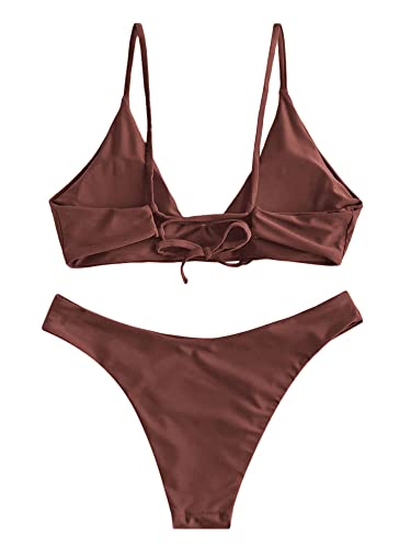 ZAFUL Women's Tie Back Padded High Cut Bralette Bikini Set Two Piece Swimsuit