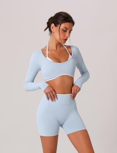 ABOCIW Workout Sets for Women 2 Piece Seamless Color Block Long Sleeve Crop Top Scrunch Butt High Waist Shorts Gym Set