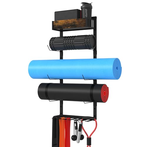Yoga Mat Holder Wall Mount - Tool-Free Adjustable Yoga Mat Rack Shelf with 6 Rods & Basket, All-in-One Foam Roller Holder ...