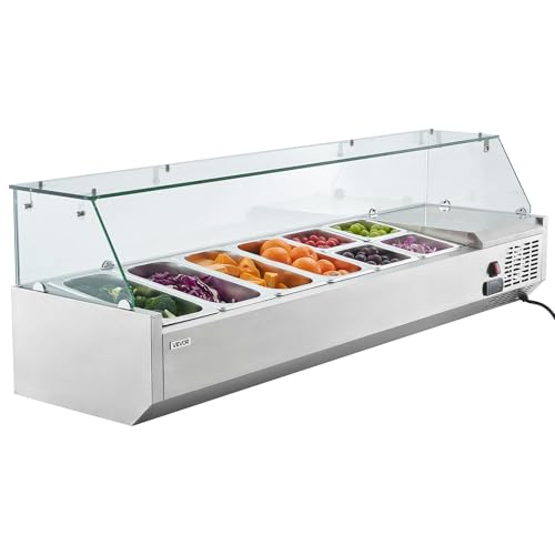 VEVOR Refrigerated Condiment Prep Station, 130 W Countertop Refrigerated Condiment Station, with Four 1/3 Pans & Four 1/6 Pans, 304 Stainless Body and PC Lid, Sandwich Prep Table with Glass Guard