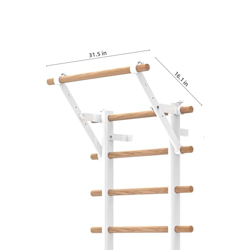 DHT Wood Stall Bar, Swedish Ladder Suspension Trainer with 9 Strategic Rods, for Home, Gym, School and Clinics, White