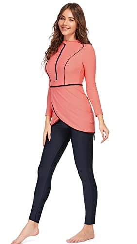 HOKFDC Women Full Covered Swimwear Modest Muslim Swimsuits 3 Pieces Islamic Long Sleeve Burkini with Swimming Cap