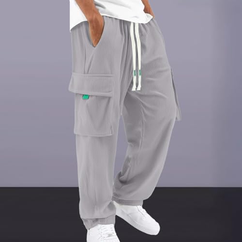 Corduroy Cargo Pants for Men Casual Straight Leg Jogger Athletic Pants 2026 Winter Warm Solid Loose Fit Lightweight Trousers