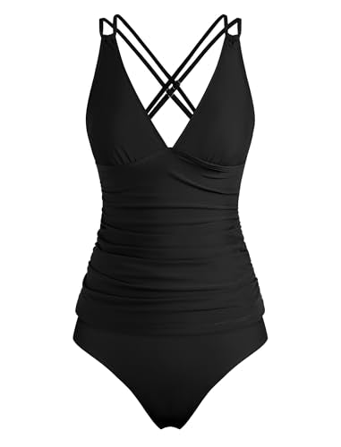 ZAFUL Womens Tankini Swimsuits V Neck Push Up Swim Top Color Block Tummy Control High Waisted Bathing Suits Swim Bottom