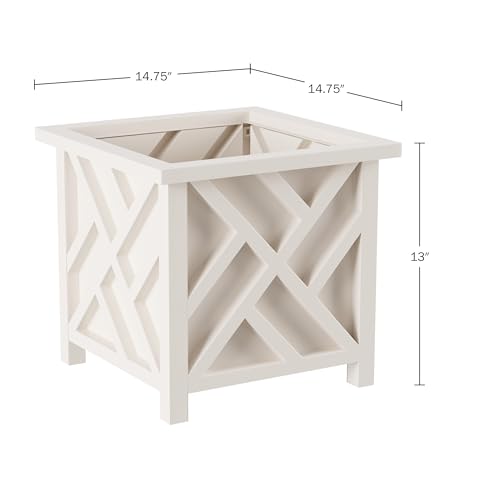Lattice Design Outdoor Planter Box - 14.75” Square 13” Tall White Plant Pot - Decorative Plant Pots for Front Porch Decor...