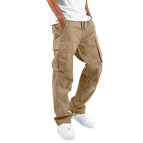 Mens Cargo Pants Drawstring Casual Straight Hiking Joggers Athletic Trousers Plus Size Cotton Loose Lightweight Sweatpants