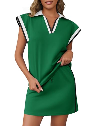 Fisoew Womens 2 Piece Skirt Set Summer Cap Sleeve Tops Matching Tennis Skirts Casual Color Block Vacation Outfits Lounge Sets