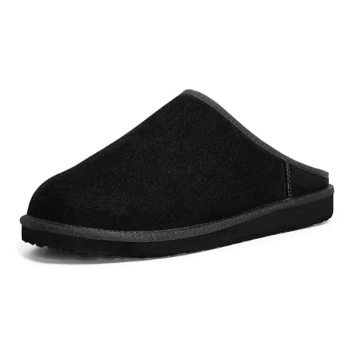 FITORY Men’s Winter Genuine Leather Slippers, Comfy Memory Foam Suede Shoes with Warm Fleece-Lined for Indoor and Outdoor ...