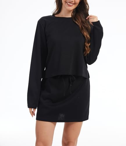yeyiruru Two Piece Skirt Set for Women Summer Tennis Skirt Crew Neck Long Sleeve Athletic Sport Skort Set