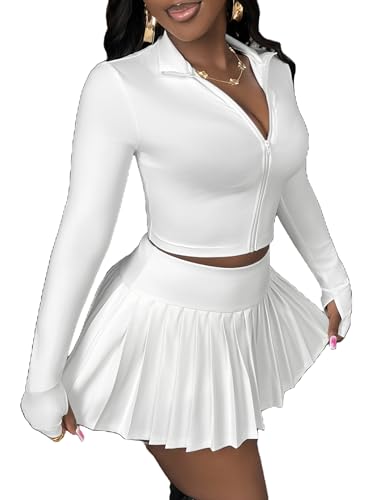 SOLY HUX Women's Skirt Sets 2 Piece Outfits Long Sleeve Crop Top with Pleated Mini Skirt Set Party Outfits for Women