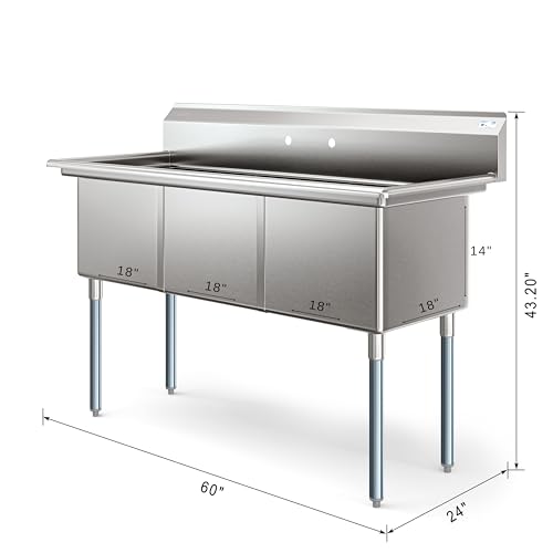 KoolMore 60 in. Three Compartment 18-Gauge Stainless-Steel NSF Commercial Kitchen Sink, Bowl Size 18x18x14, with Three Basins and Pre-Drilled Faucet Holes for Restaurants and Cafes (KM-SC181814-N3)