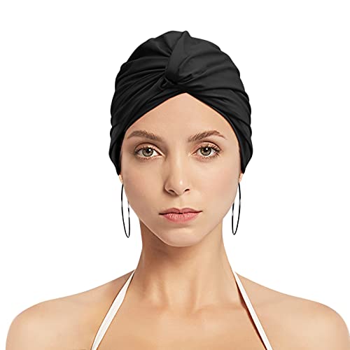 Women Swim Cap Elastic Swim Turban Cap Cover Ear Bath Pool Swimming Cap Pleated Shower Cap for Long Short Weave Curls Hair