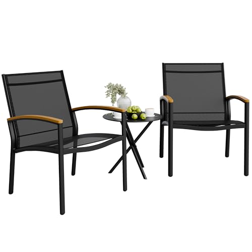 Shintenchi 3 Pieces Patio Bistro Sets, Outdoor Textilene Fabric Conversation Bistro Set, Textilene Fabric Front Porch Chai...