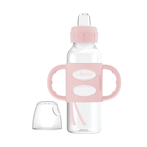 Dr. Brown's Milestones Narrow Sippy Spout Bottle with 100% Silicone Handles, Easy-Grip Handles with Soft Sippy Spout, 8oz/250mL, Light-Pink & Ecru, 2-Pack, 6m+