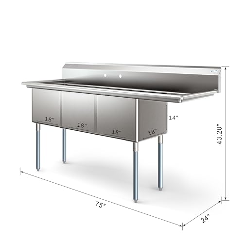 KoolMore 75 in. Three Compartment 18-Gauge Stainless-Steel NSF Commercial Kitchen Sink, Bowl Size 18x18x14, with Three Basins and Pre-Drilled Faucet Holes with a Right Drainboard (KM-SC181814-18R3)