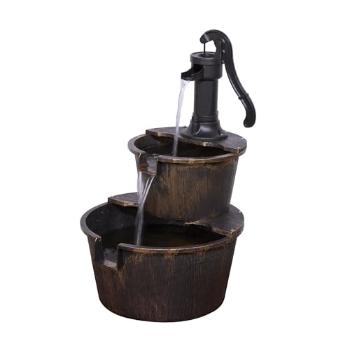 Alpine Corporation 27" Tall Rustic Outdoor 2-Tier Barrel Pump Water Fountain with Soothing Cascading Water Flow for Patio,...