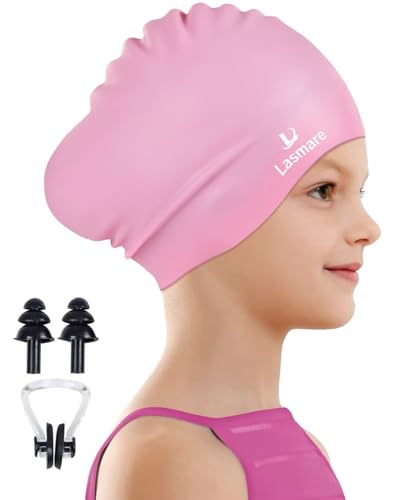 Kids Long Hair Swim Cap for Girls Boys, 3 Size Silicone Swimming Cap for Age 1-15 Toddler Children Teens, Waterproof Swim ...