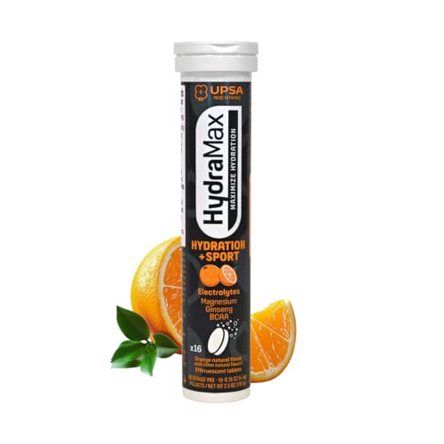 HydraMax Sport Hydration Tablets - Post-Workout Recovery & Muscle Support - 16ct Natural Orange Effervescent - 4 Electroly...
