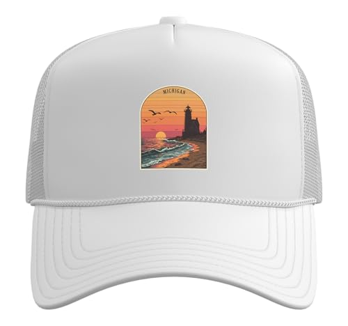 Michigan Lighthouse Sunset Waves Beach Trucker Hat with Adjustable Mesh Back