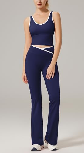 RXRXCOCO Women 2 Piece Workout Sets Flare Leggings Scrunch Butt Lifting Crop Tank Matching Set Colorblock Gym Yoga Outfits